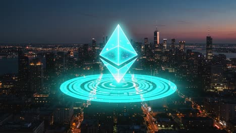 a futuristic vision of ethereum illuminating a modern city skyline at dusk, symbolizing the intersection of cryptocurrency and digital innovation