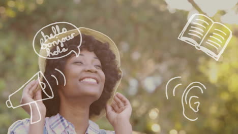 animación de objetos escolares iconos sobre feliz mujer afroamericana con sombrero