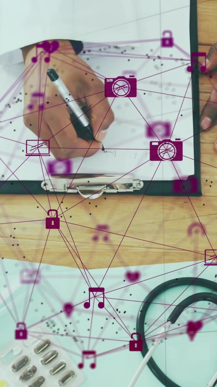 Doctor Writing on Clipboard with Digital Network Overlay