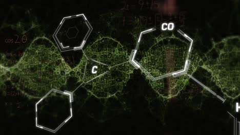 animation of chemical structures, mathematical equations and green digital wave on black background