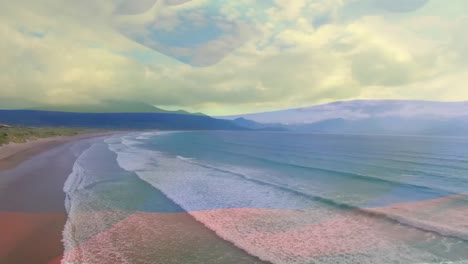 animación de la bandera de rusia ondeando sobre el paisaje marino de la playa