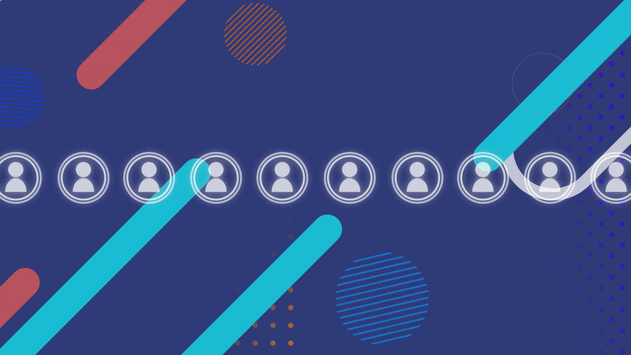 animación de círculos con iconos humanos sobre líneas de colores y círculos sobre fondo azul