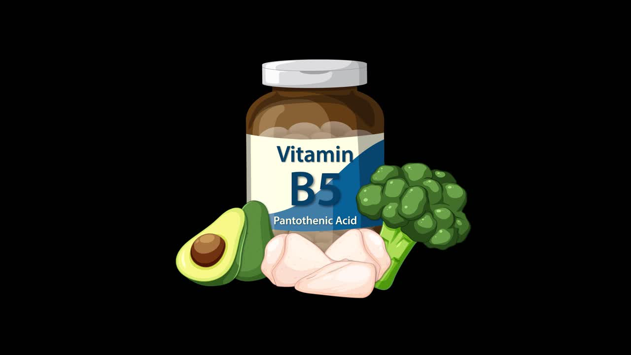 Vitamin B5 bottle and nutritious foods appear sequentially on black background, smooth transitions, digital animation