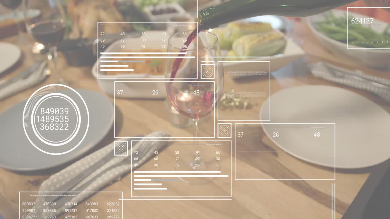 Data grid overlays appearing then bottle pouring wine into glass while metrics updating on table