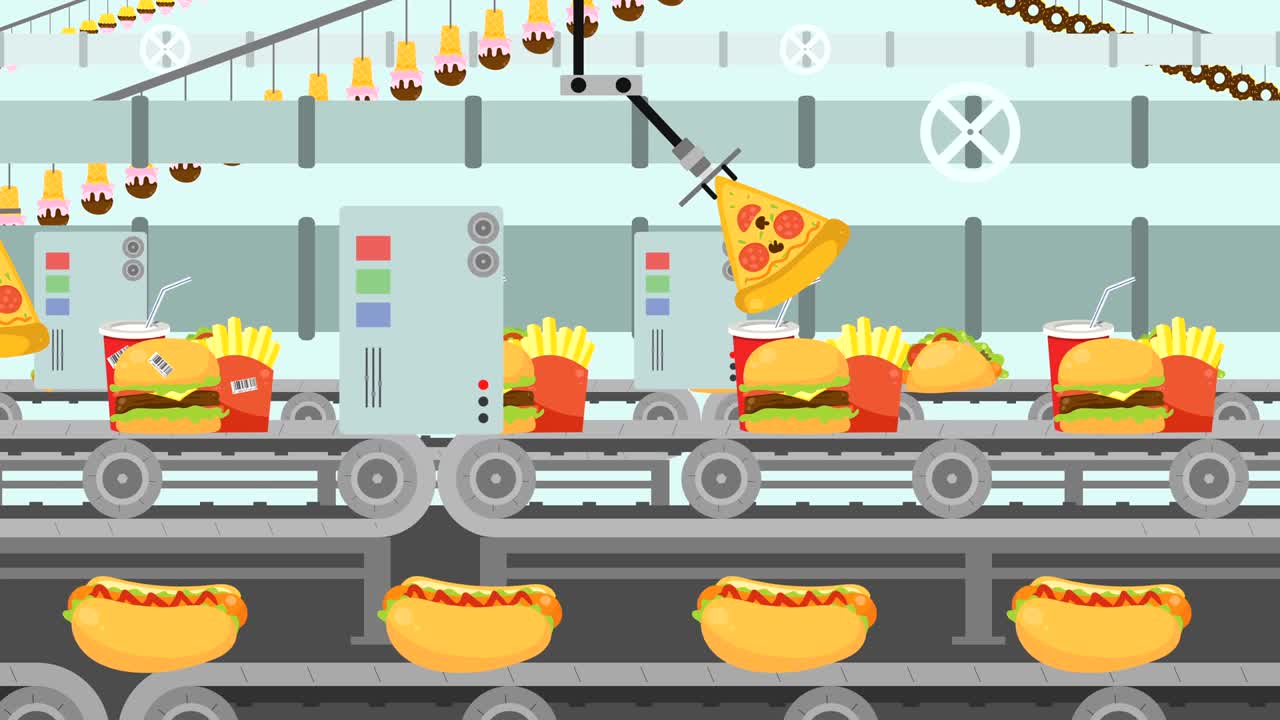 Cartoon Junk Food Factory Filled with different kind of Fast Food