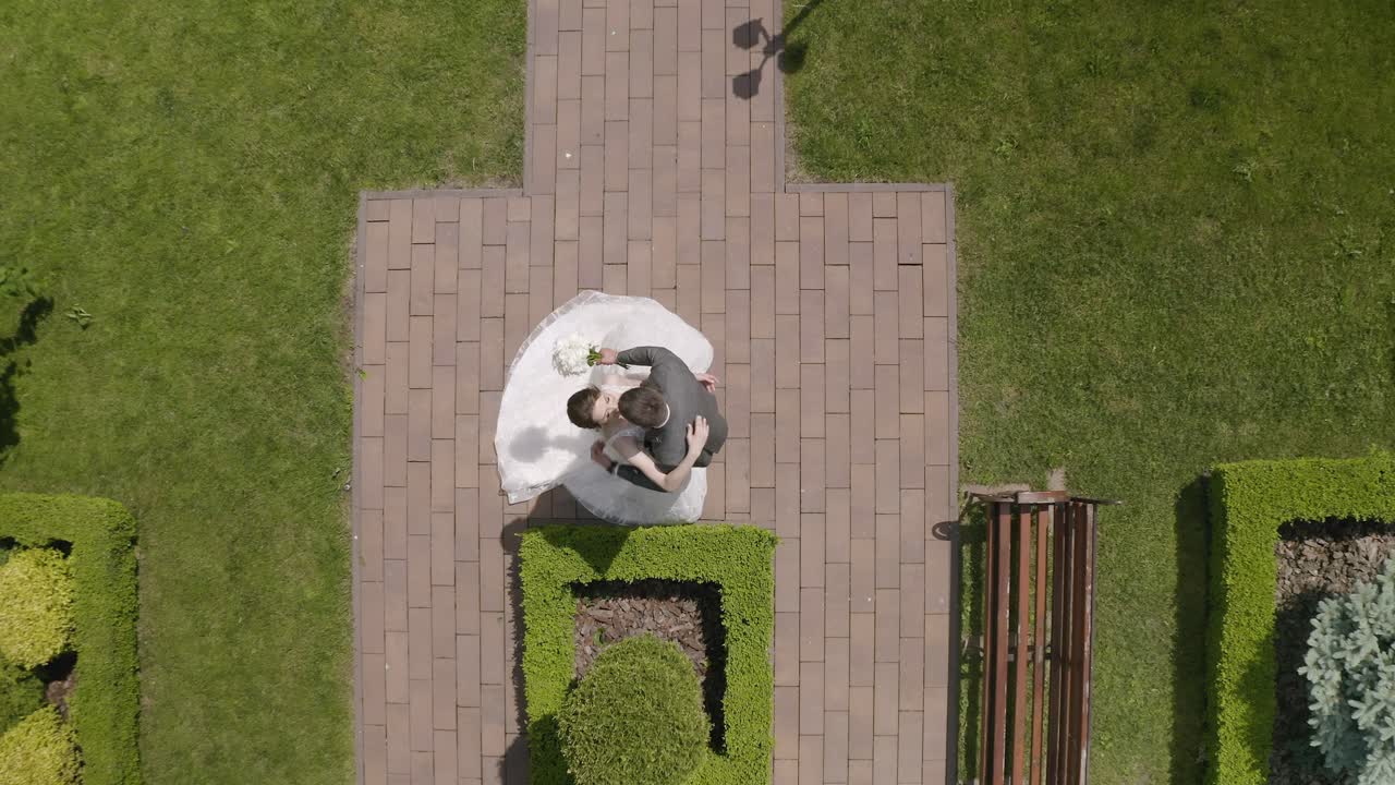 encantadores recién casados novia caucásica novio caminando en el parque, tomados de la mano, pareja de bodas familia