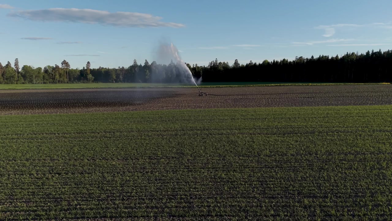 Ripresa al rallentatore con drone di una macchina per l'irrigazione automatizzata che irriga un campo agricolo.