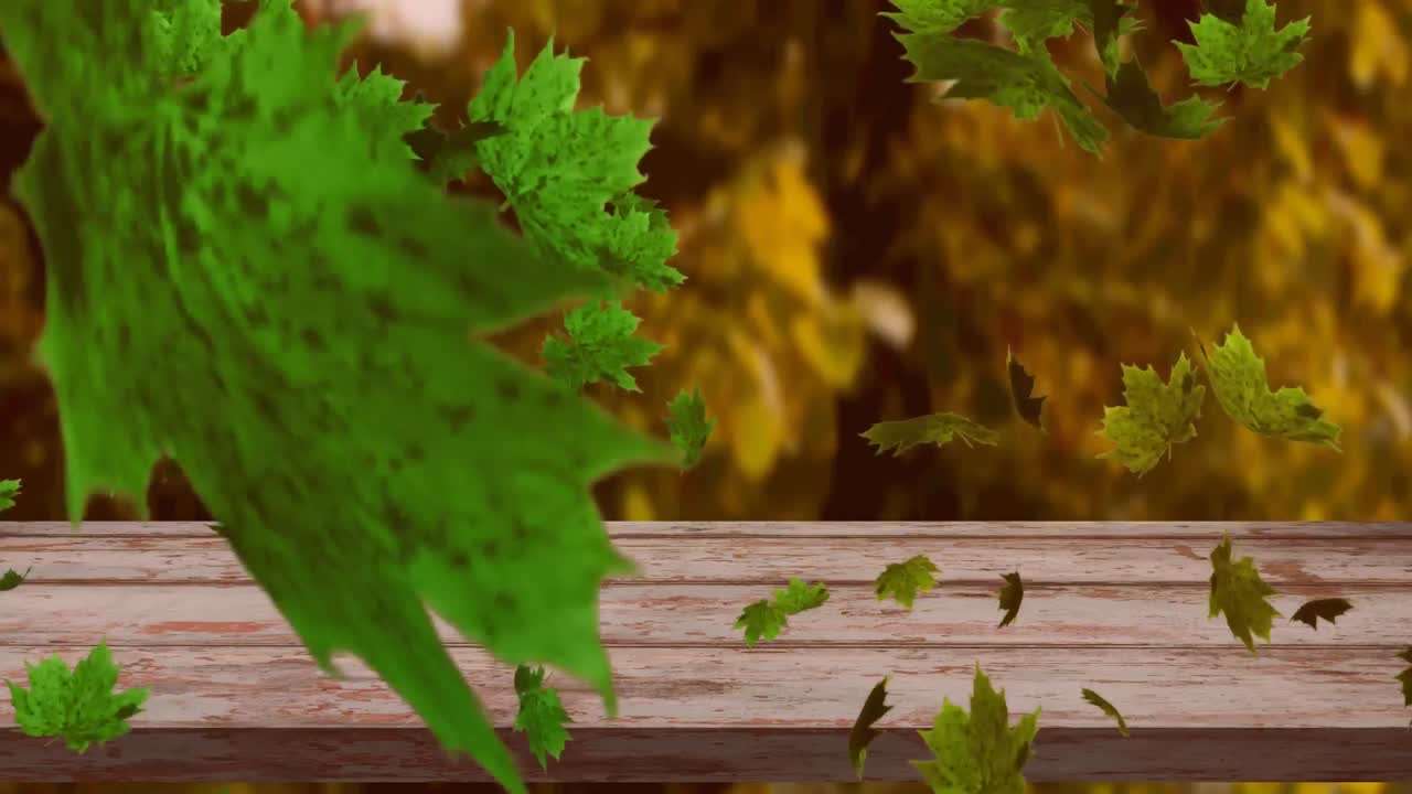 animación digital de múltiples hojas de otoño flotando sobre la superficie de madera contra el bosque