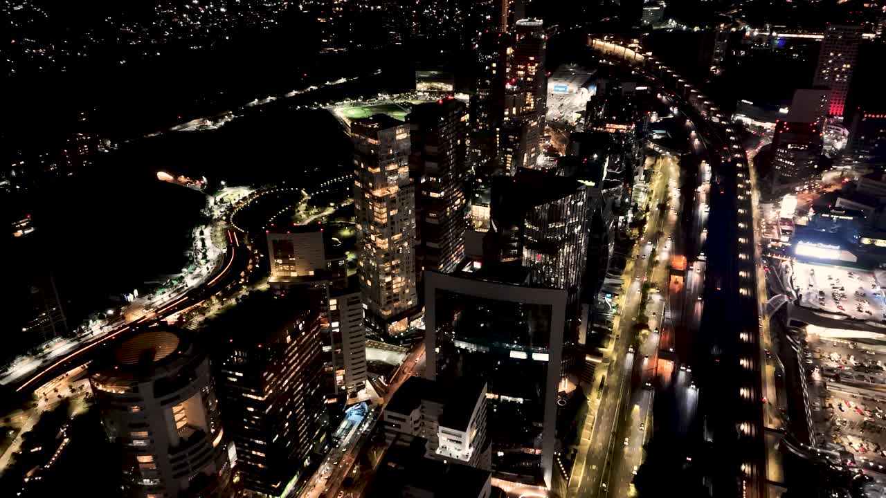 Aerial view of Santa Fe, Mexico City lit up at night