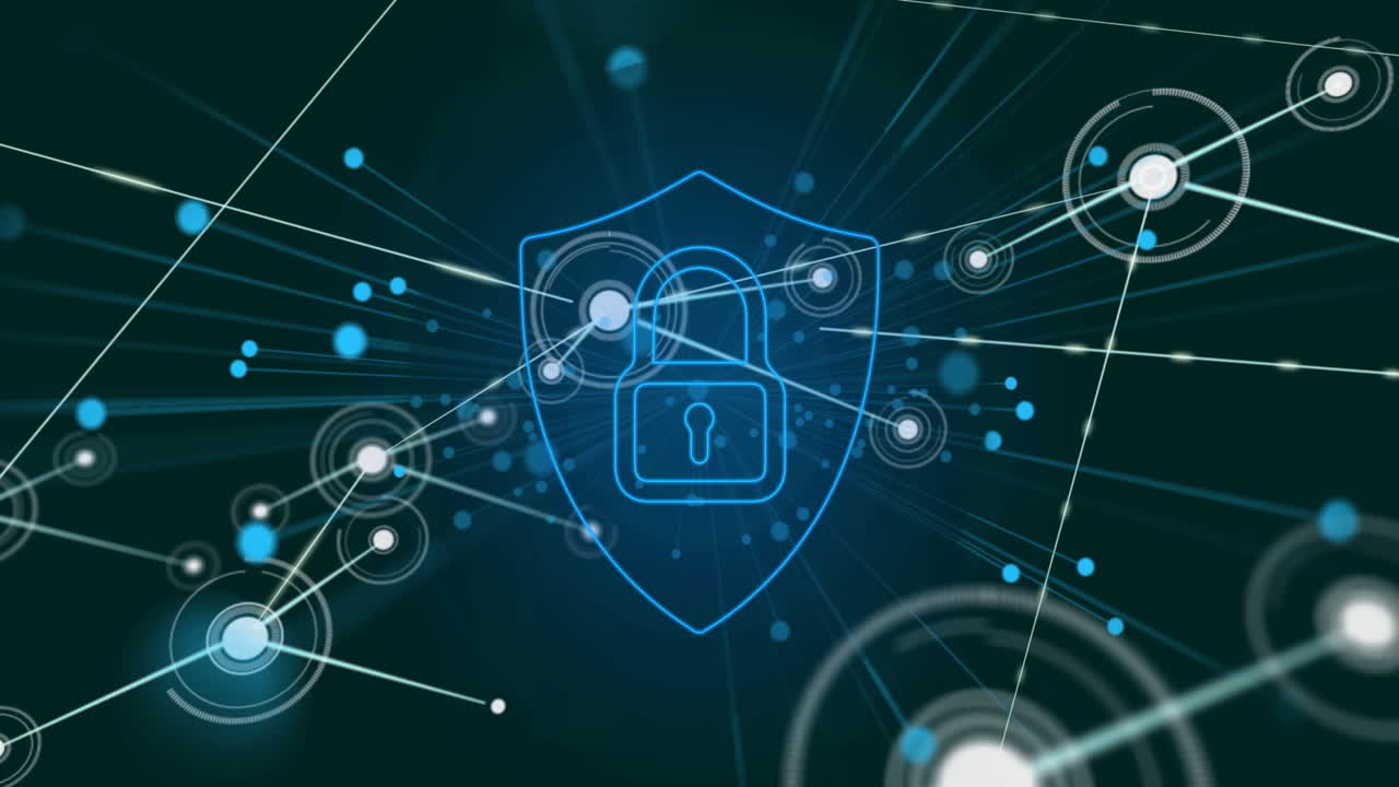 Lock and shield icon with network connections, cybersecurity animation