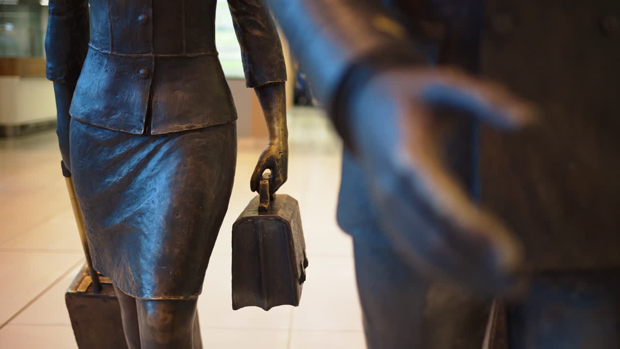Close up of a pilot and two flight attendants holding luggages sculpture at the Chisinau International Airport in Moldova