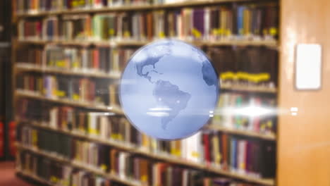 Animation-of-globe-over-shelves-with-books-in-library