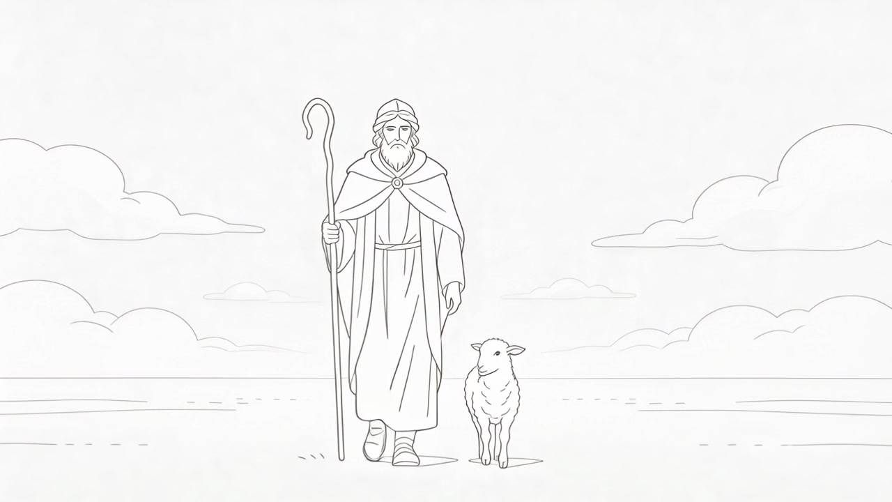 Začíná animace, oděný pastýř vede jednu ovci přes otevřenou pláň, drží zahnutou hůl.