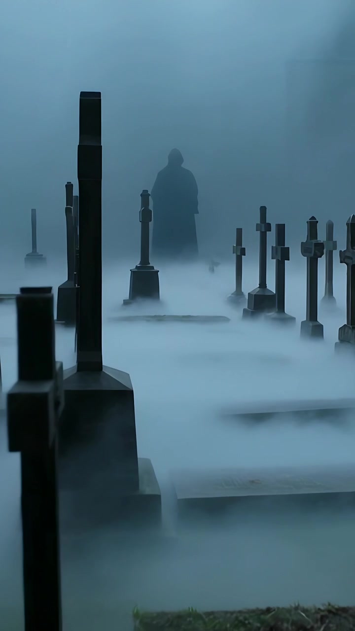 Video verticale: Nebbia che turbina rivelando una persona con un cappotto con cappuccio in piedi in un cimitero tra le lapidi.