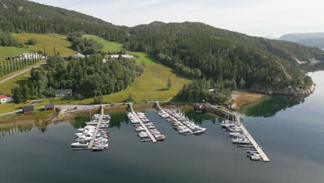 Epic-nature-scene-of-calm-Norwegian-lake-surrounded-by-lush-forest,-aerial