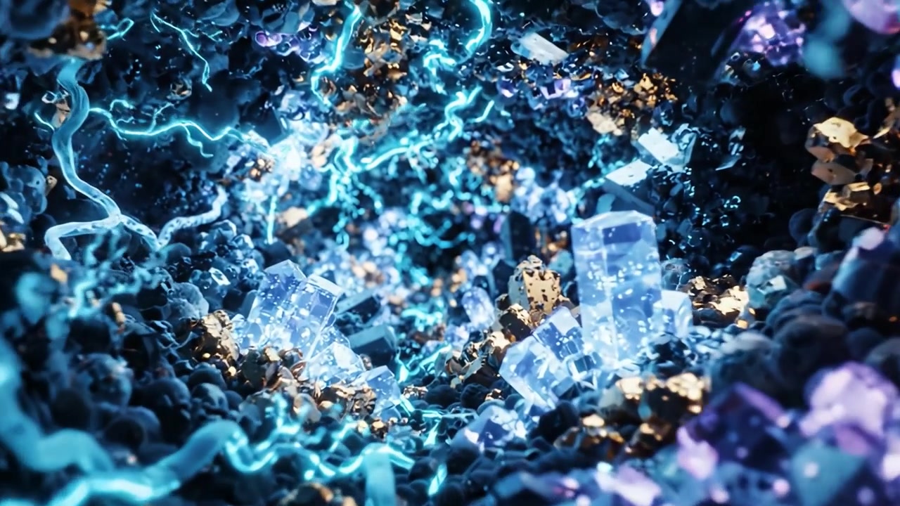 Una vista ravvicinata delle complessità di un occhio umano che si trasforma in una splendida visuale di cristalli astratti ed energia elettrica