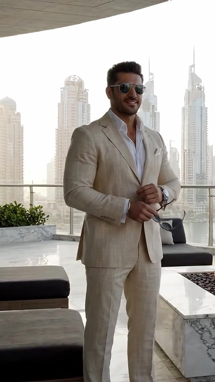 Uomo elegante in abito raffinato che si gode uno spazio lounge creativo con vista sullo skyline moderno della città, con grattacieli e un accogliente braciere al tramonto.