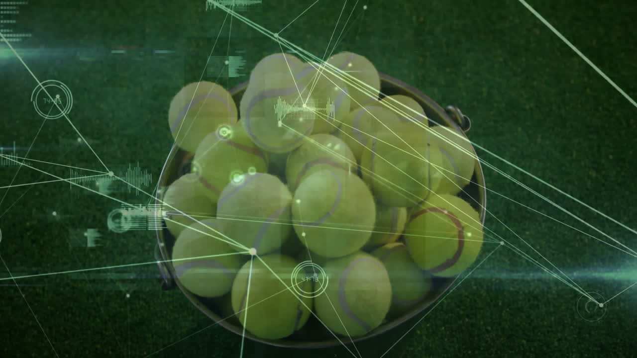 Bucket of yellow tennis balls getting analyzed top-down, featuring data nodes, graphs in 3D render