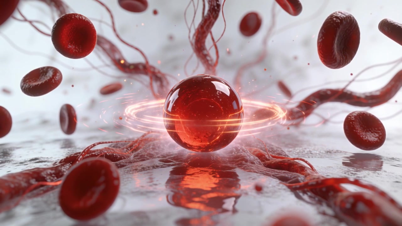 Pulsing central red sphere brightening ring as frames progress over liquid with drifting discs