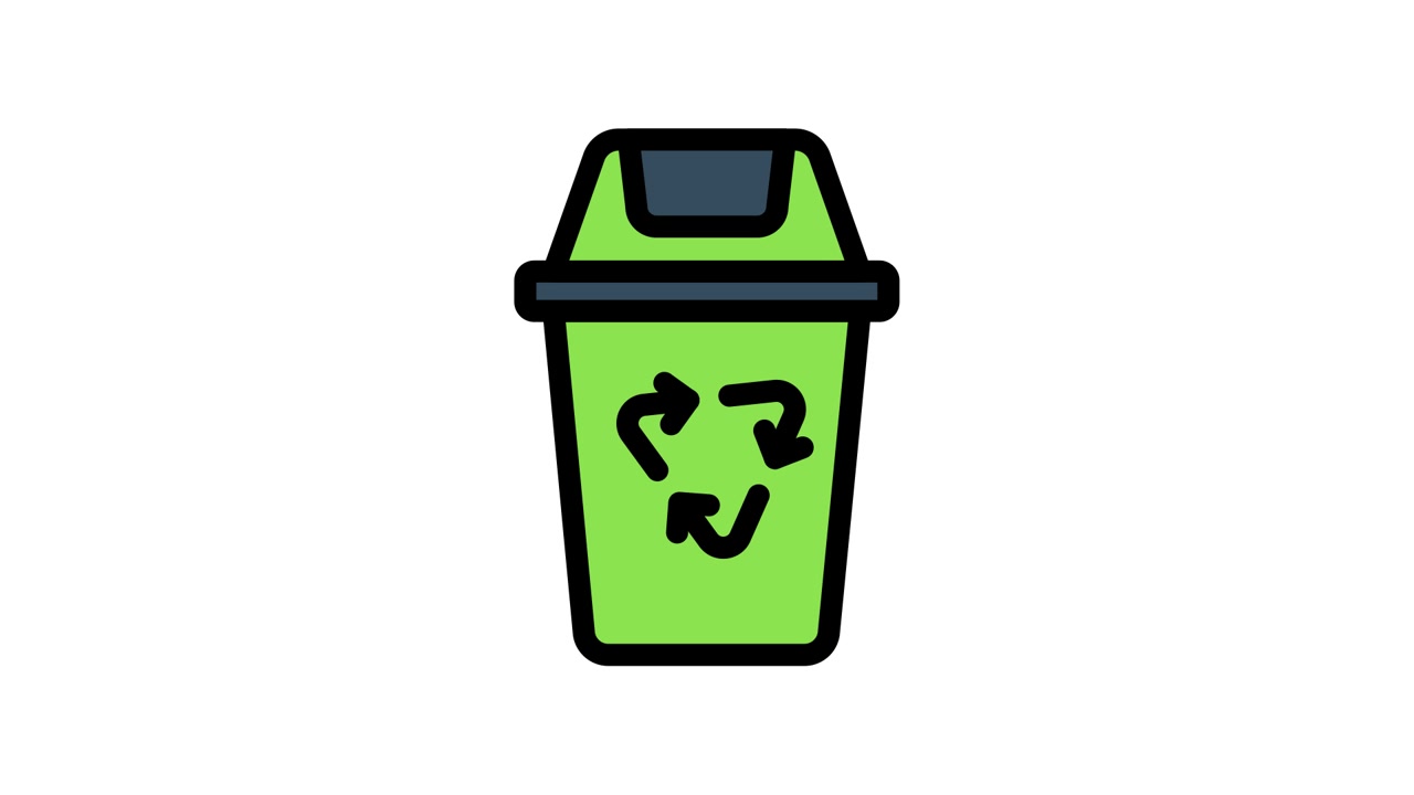 Animated Green Recycling Bin with Item Dropping In and Recycle Symbol Rotating