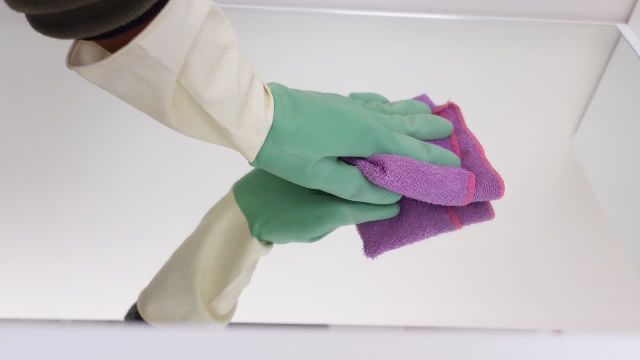 limpiando un espejo con guantes