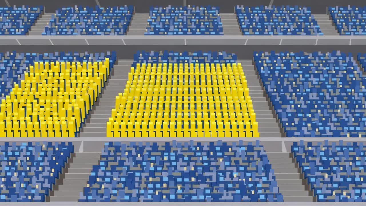 Auf Stadion-Signal reagierend, formen sich gelbe Fächer auf der Stadiontribüne zu einem Rechteck und erzeugen eine Darstellung.
