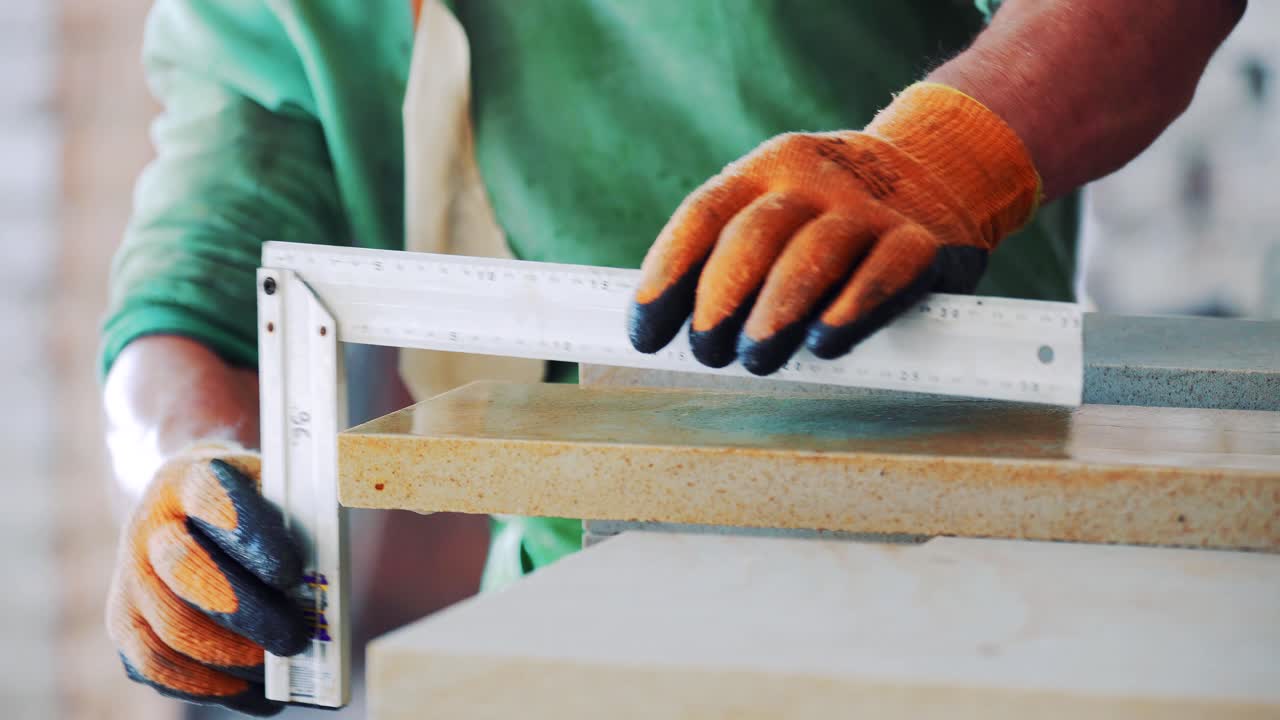 Man in gloves measures a granite slab with a ruler. production from natural stone