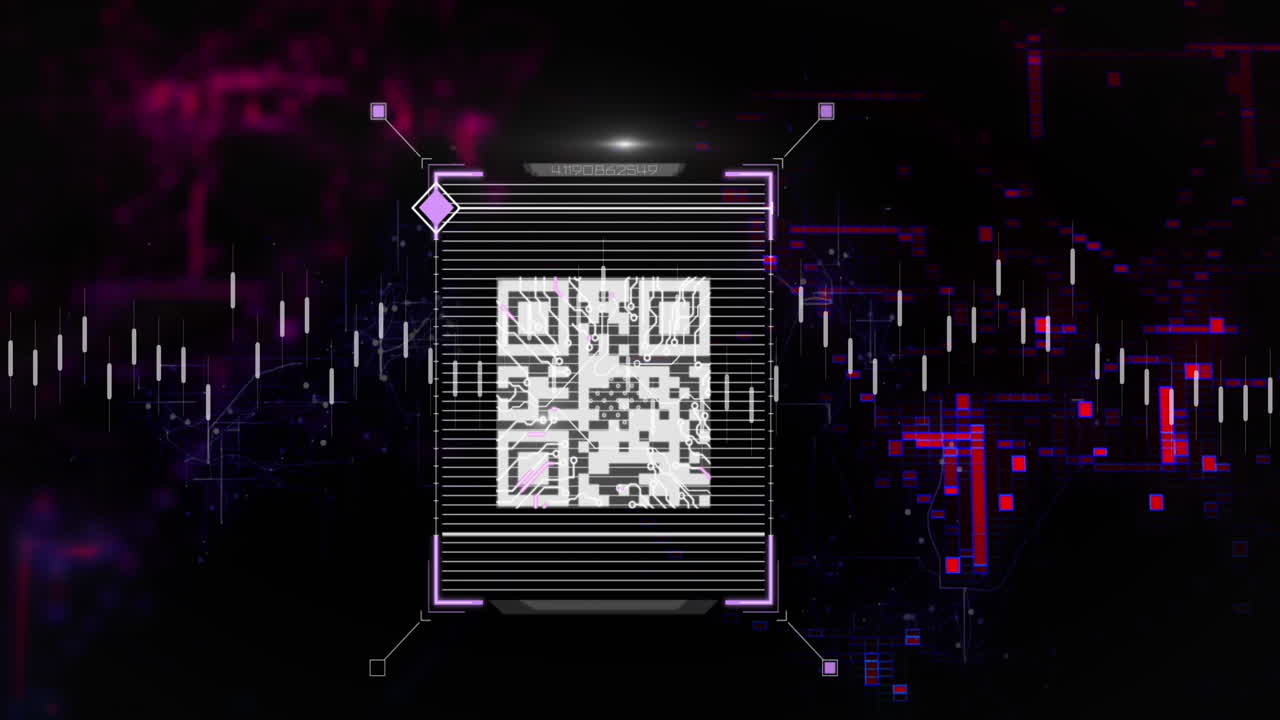 Animation of qr code, graphs and fingerprint in digital dark space