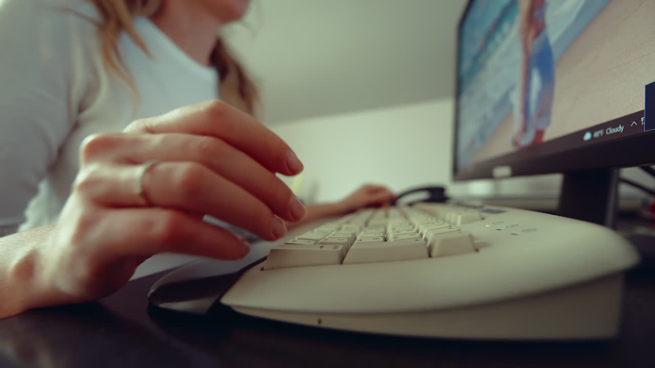 Woman working on computer at the office, wide view