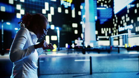 woman prancing around city boulevards