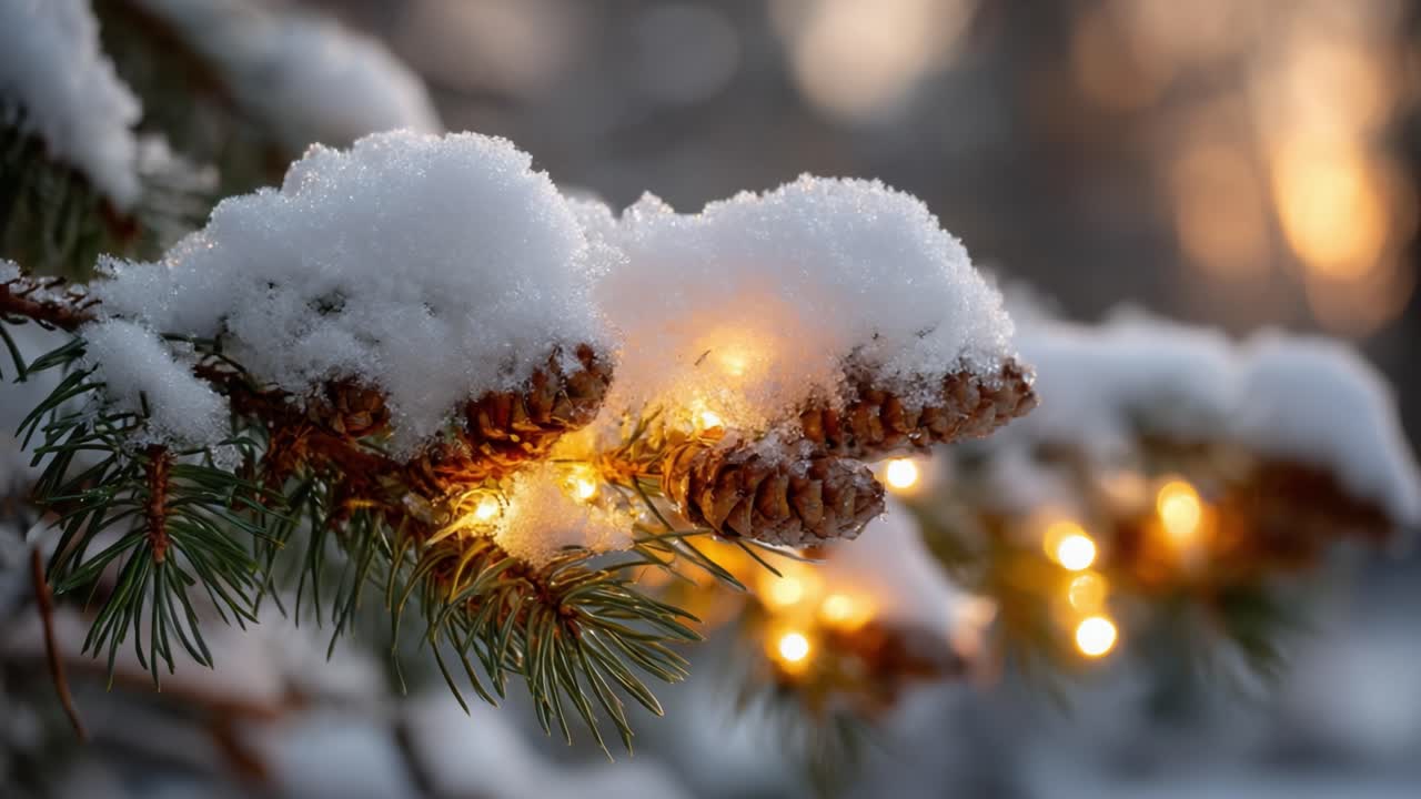 Captivating Winter Wonderland: Snow-Dusted Pinecones Adorned with Twinkling Fairy Lights Create a Magical Scene in a Serene Natural Environment