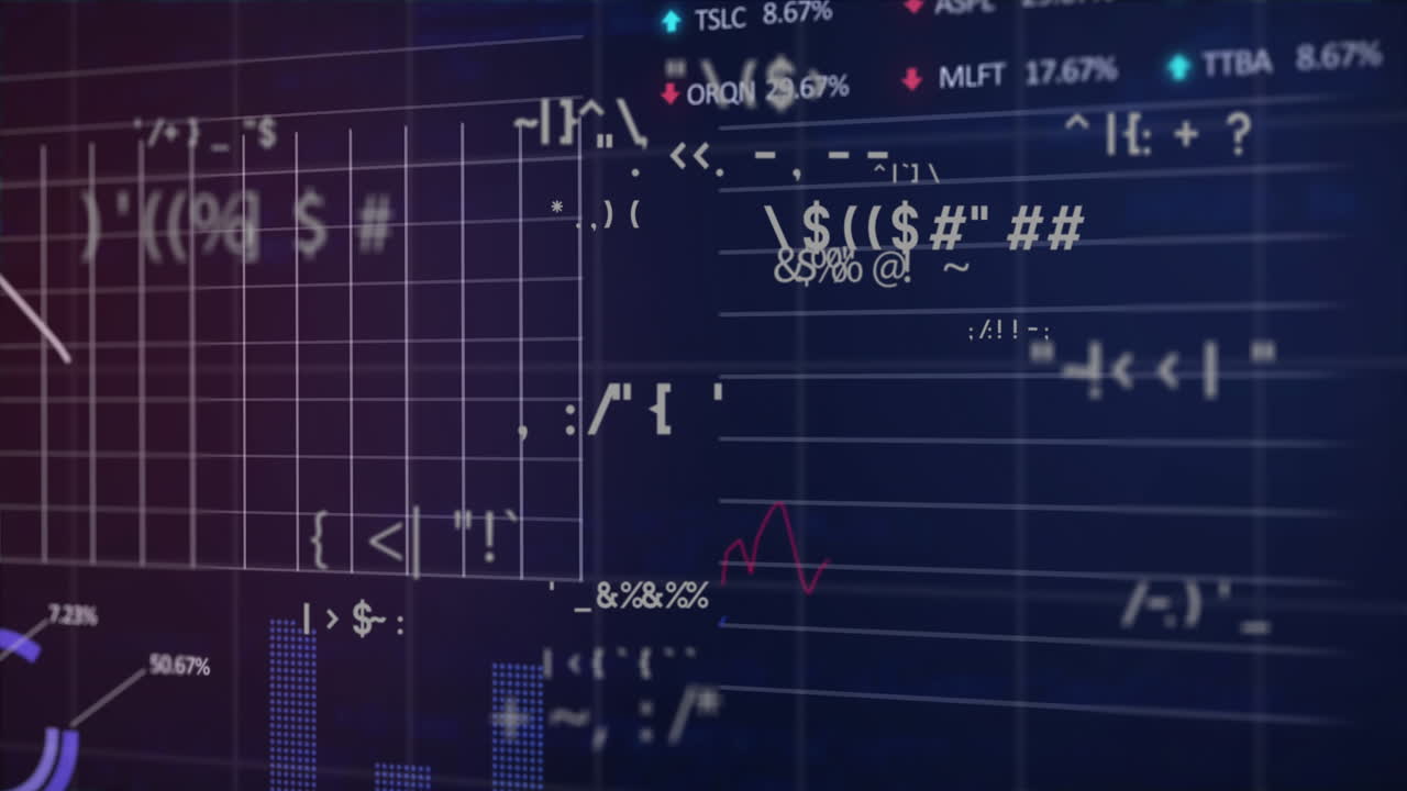 animación de símbolos cambiantes, procesamiento de datos estadísticos y bursátiles contra un fondo azul