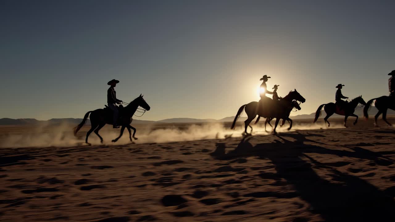 Silhouette di cavalieri a cavallo che galoppano nel deserto al tramonto