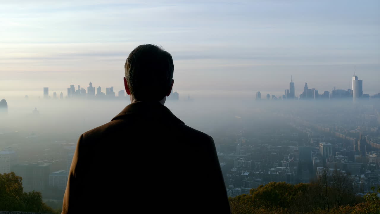 Man overlooking a foggy city skyline