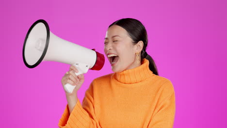 megaphone, news and broadcast with asian woman