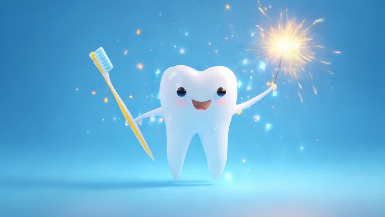 A playful animated tooth character joyfully holds a toothbrush and sparkler, surrounded by shimmering particles, promoting dental hygiene in a fun and engaging way