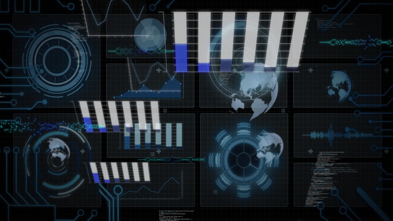 gráficos, gráficos y mapas del mundo procesamiento de datos animación sobre interfaz digital oscura