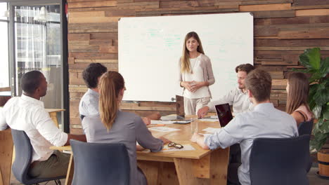 young white woman giving presentation to business colleagues