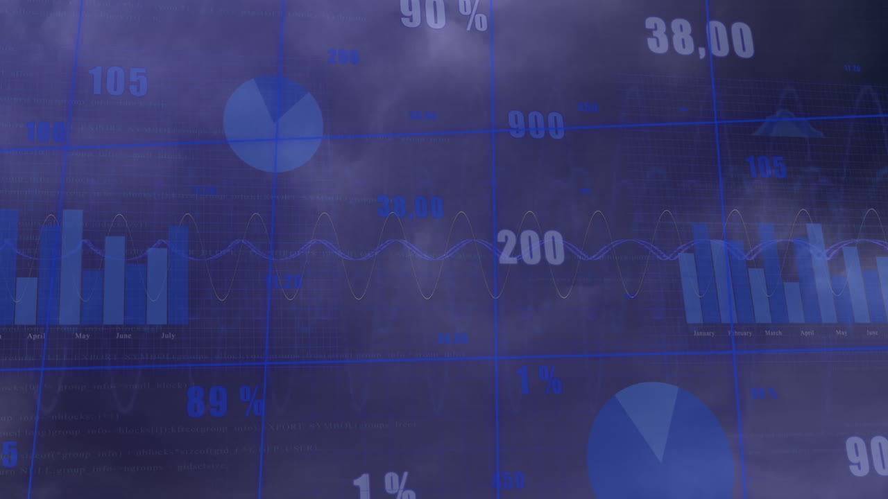Animation of statistical data processing over grid network against grey background