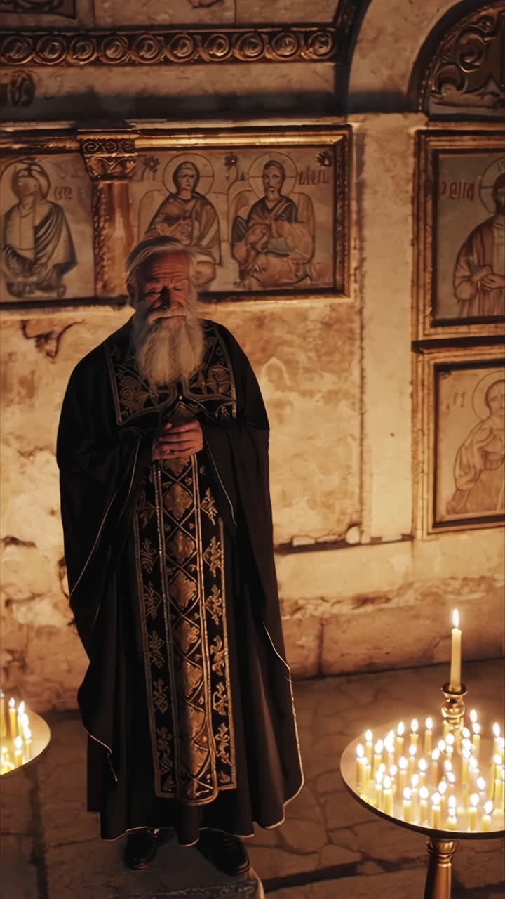 Elderly Priest Praying in a Church