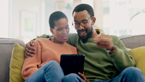 internet, search and couple on a sofa with tablet
