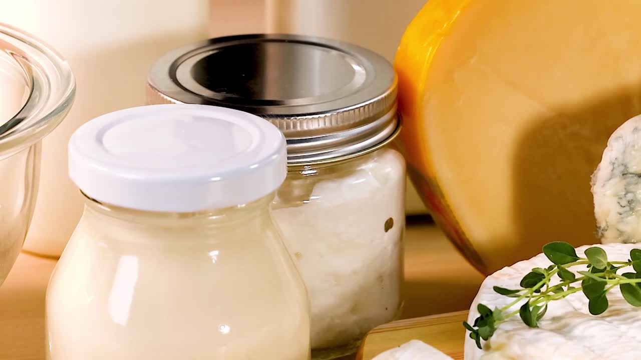 나무판에 있는 다양한 유제품