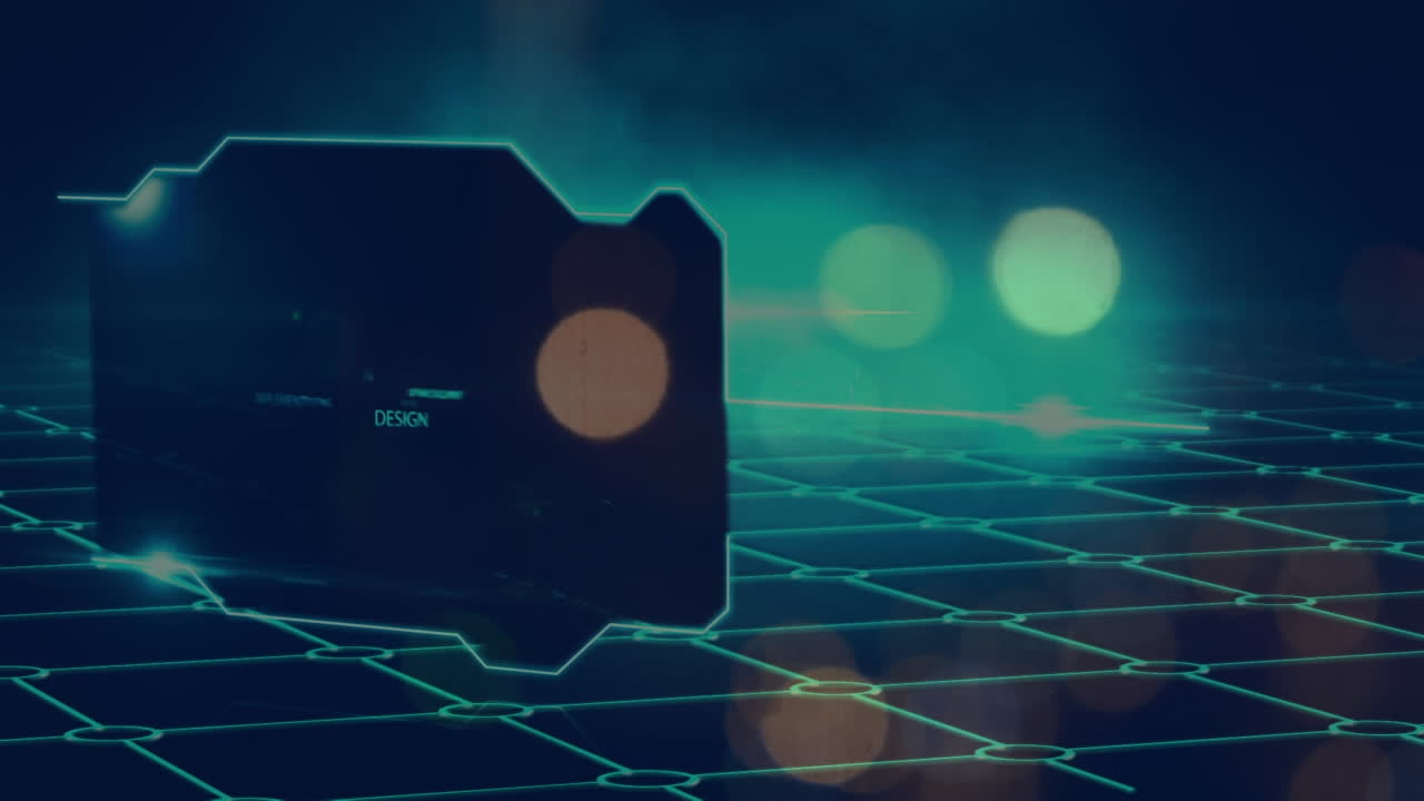 격자 패턴 위에 빛나는 원으로 추상적인 패턴으로 기술 텍스트의 애니메이션