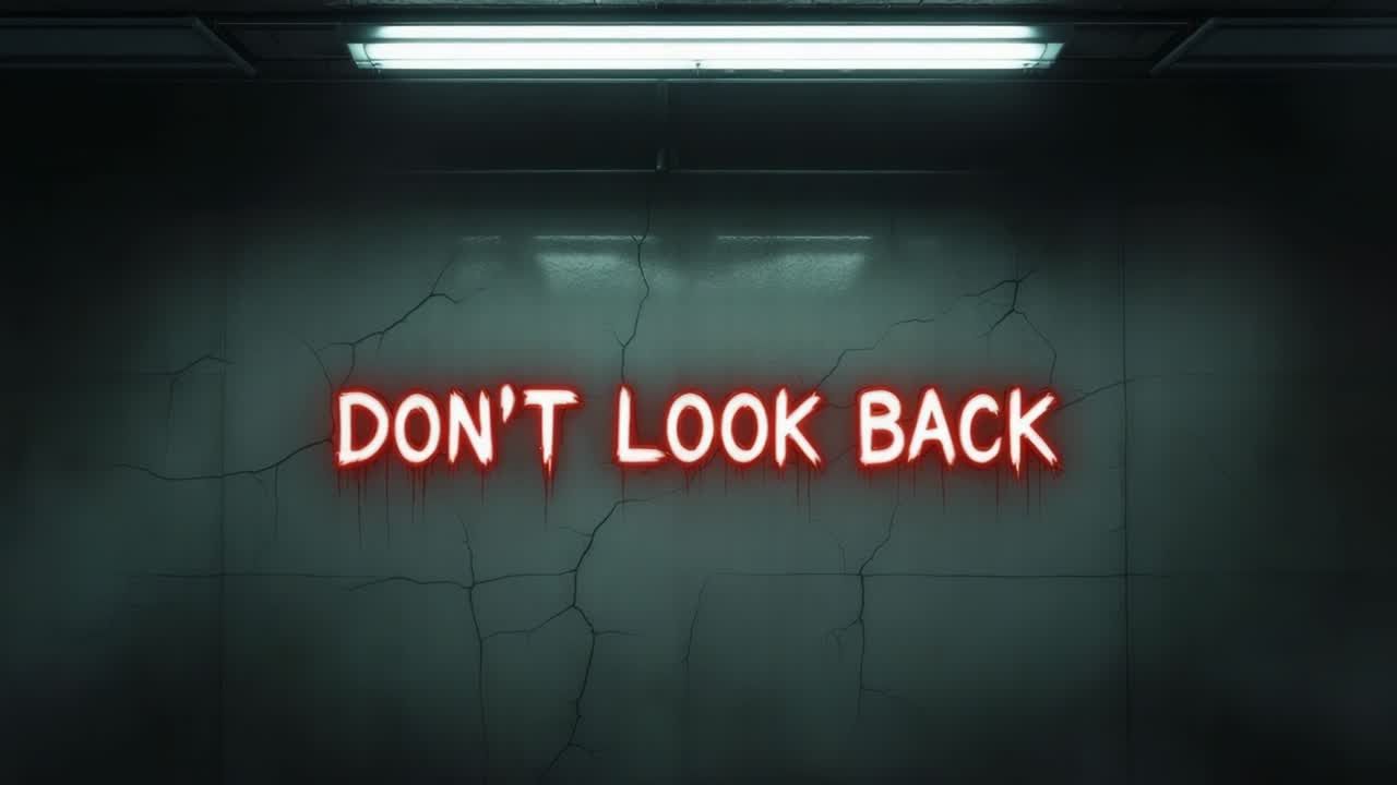 Neon sign with eerie glow displaying the phrase "Don't Look Back" in a dimly lit corridor