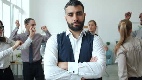 business professional amidst a dancing team