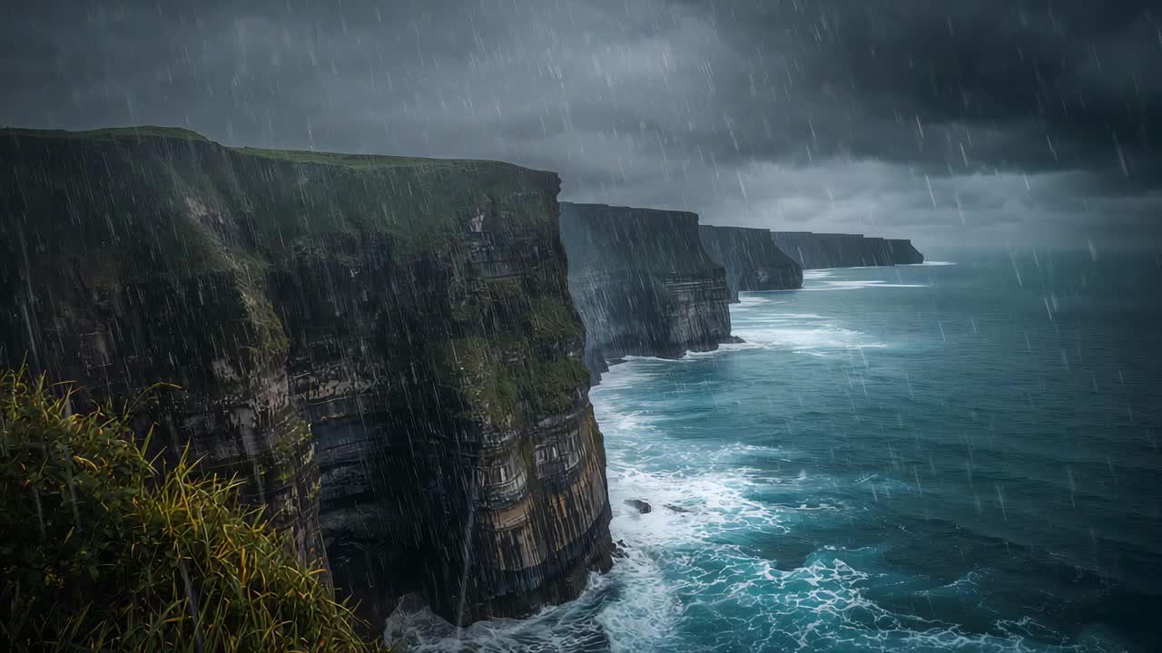 Wind-driven waves hitting stratified coastal cliffs on rugged shore, grass, cloudy sky, copy space