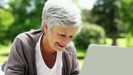 happy senior woman relaxing in the park using her laptop