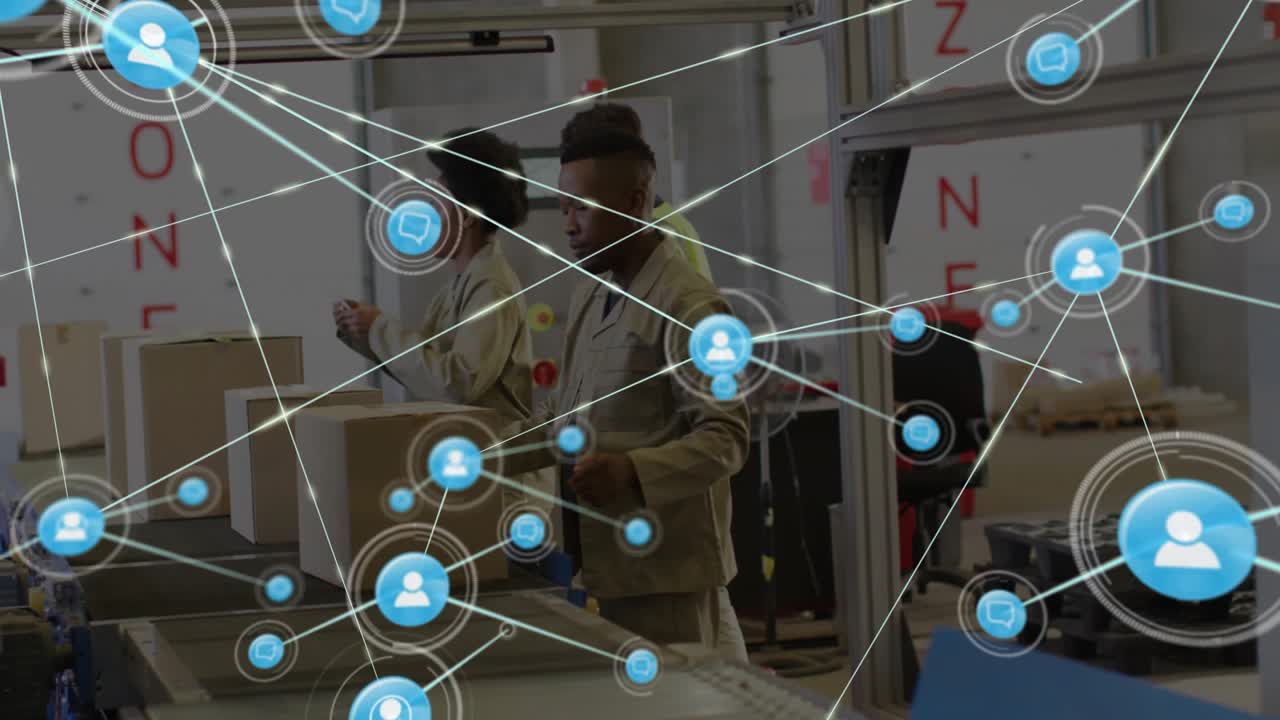 Warehouse worker scanning box and animating network icons flowing tracking inventory data