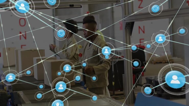 Warehouse worker scanning box and animating network icons flowing tracking inventory data