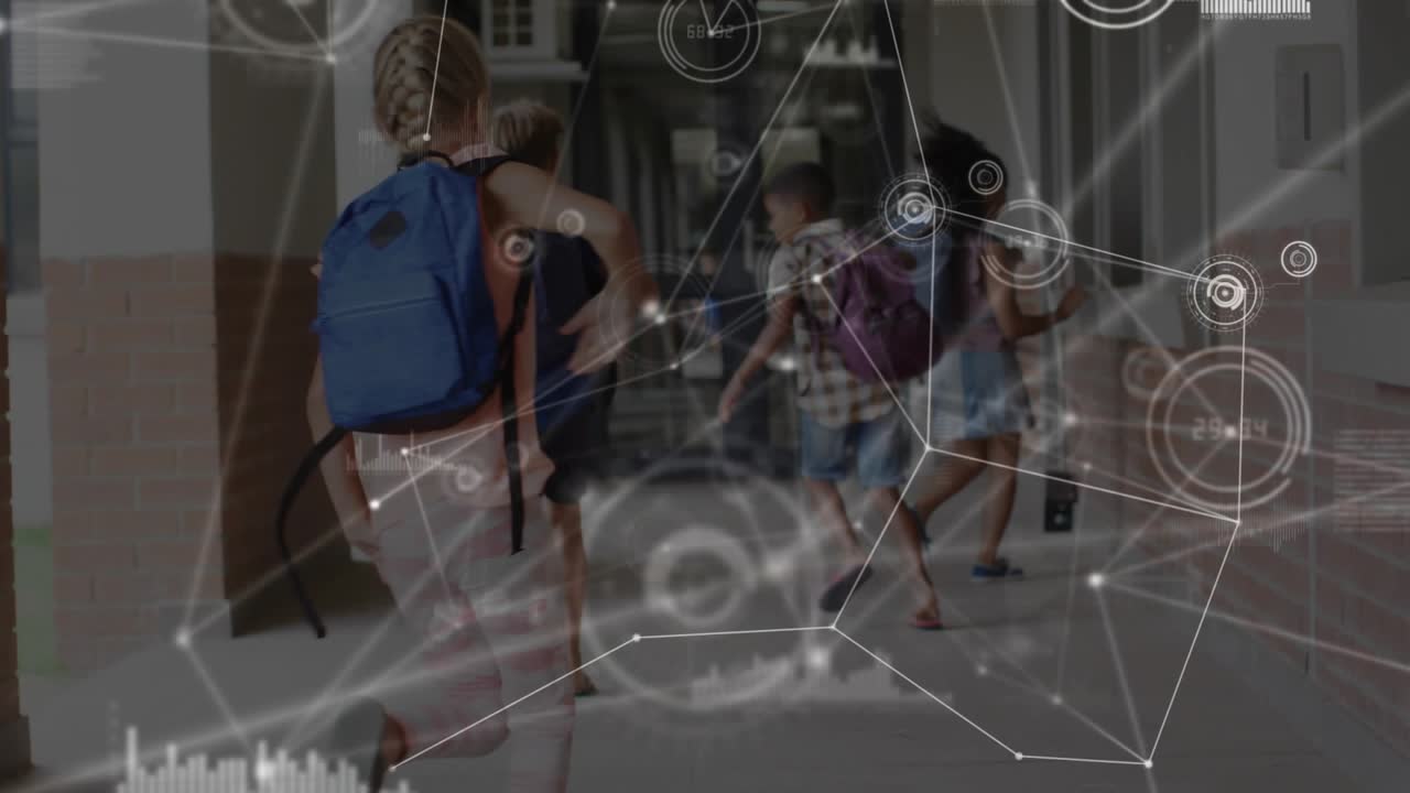 Upon entering school walkway students sprinting, retrieving parcel and activating panel for entry